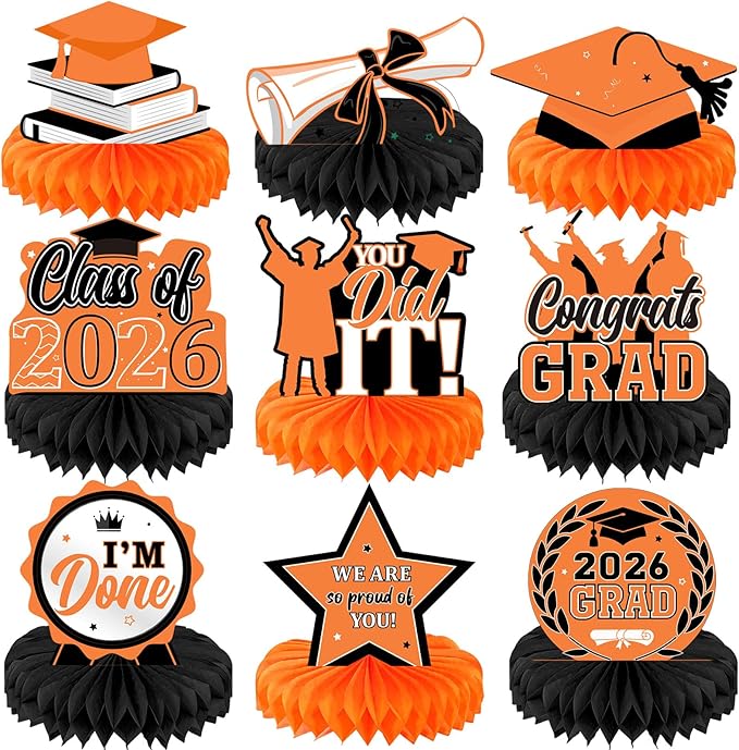 Yisong 9 Pieces 2026 Graduation Party Table Decorations Class of 2026 Congrats Graduation Centerpieces for Tables Congratulate Honeycomb Centerpiece Topper for Grad Party Supplies (Orange)