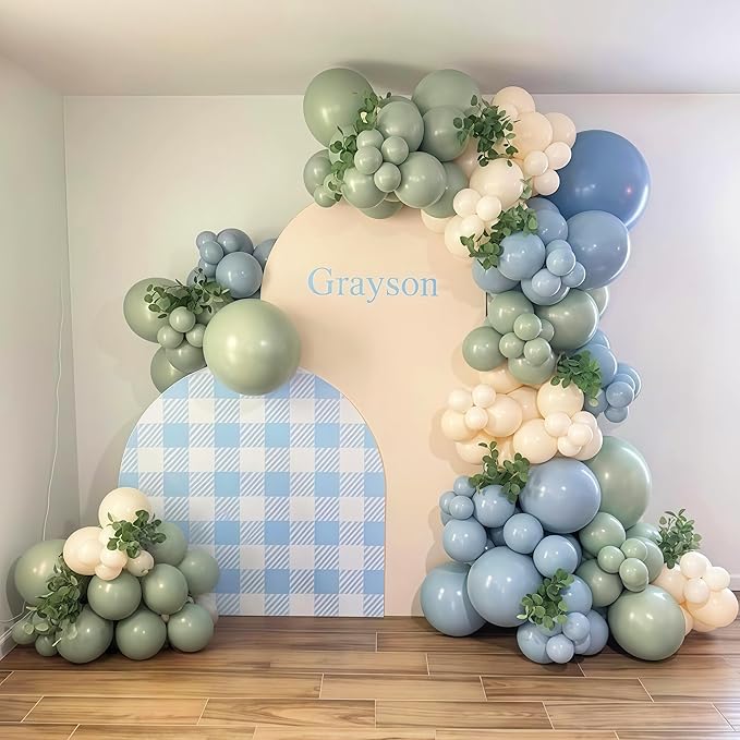 Sage Green and Blue Balloons, 35PCS Olive Green Dusty Blue Beige Cream Latex Balloon, Baby Boy Shower Balloons for Kids Rabbit Theme Baby Shower Birthday Boho Bridal Wedding Party Decorations Supplies