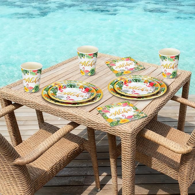 200 Pcs Tropical Hawaii Aloha Party Supplies Serve 50 Guests Luau Paper Plates Cups Napkins for Summer Beach Tableware Pool Party