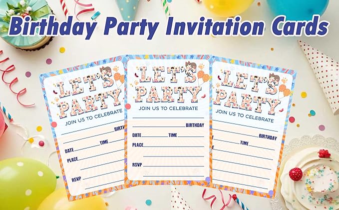 CLIRBE Let's Party Birthday Invitations, Cute Cats Invited Birthday Invitations For Teen Boys Girls, 20 Invites Cards With 20 Envelopes, Party Supplies Favors -H17