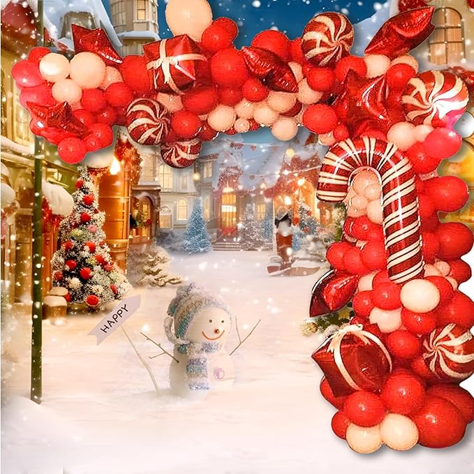 Leesoot Christmas Balloons Arch Decorations 138pcs Red White Balloons for Party Gift Star Candy Cane Balloons Indoor Outdoor Decor Christmas Balloon Garland Arch Kit