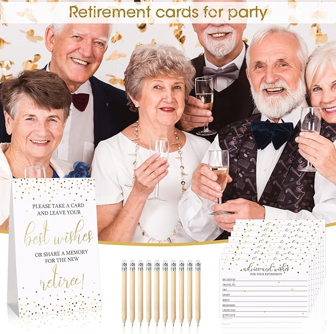Fumete 50 Pcs Retirement Party Advice and Wishes Cards with 10 Small Pencils 1 Cardstock Place Card Retired Ideas Supplies for Retirement Party Favors and Going Away Decorations