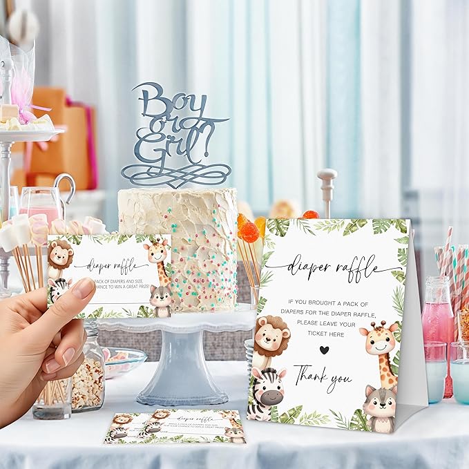 Woodland Diaper Raffle Game, Diaper Raffle Tickets for Baby Shower, Gender Neutral Tickets for Baby Shower Party Favor Decorations Supplies (1 Sign + 50 Cards)