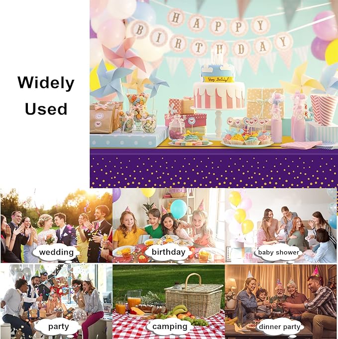 12 Pack Purple and Gold Tablecloth Party Decorations Plastic Purple Tablecloth Printed Gold Table Runner 54 x108 Inch Disposable Rectangle Table Cover for Birthday Wedding Graduation