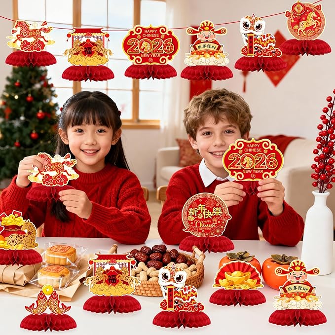 10 Pcs Chinese New Year Honeycomb Centerpieces Decoration 2026 Year of The Horse Ornaments Signs Red and Gold Table Toppers Table Centerpieces Lunar New Year Party Supplies