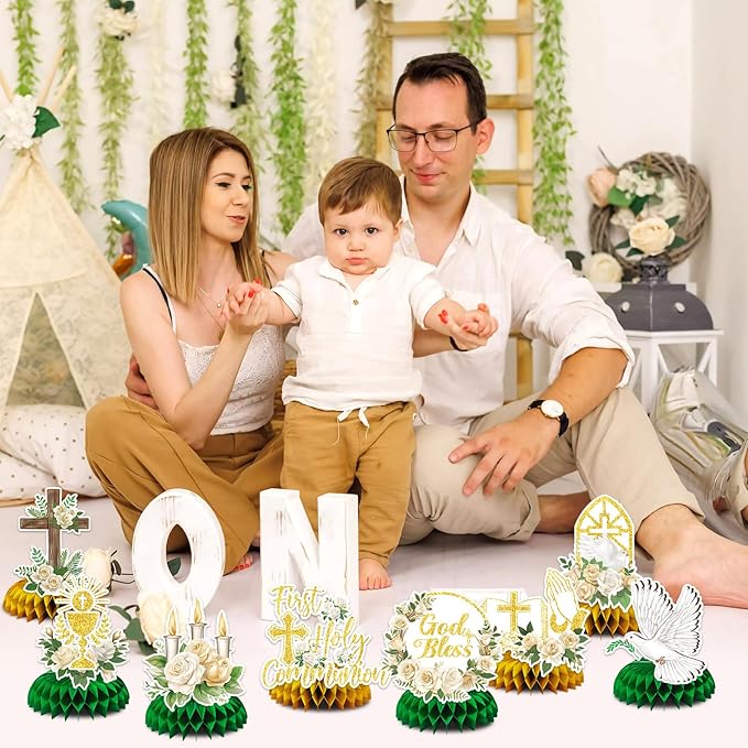 JULMELON 8PCS First Communion Decorations Baptism Honeycomb Centerpieces, God Bless First Holy Communion Table Decorations Baptism Centerpieces for Tables 1st Communion Party Supplies