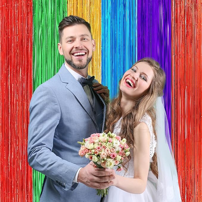 2 Pack Rainbow Foil Fringe Curtains, 3.3ft x 6.6ft Mexican Style Rainbow Streamer Curtain, Photo Booth Props Backdrop for Birthday Party, Christmas Decor, Mexican Cinco De Mayo Decorations