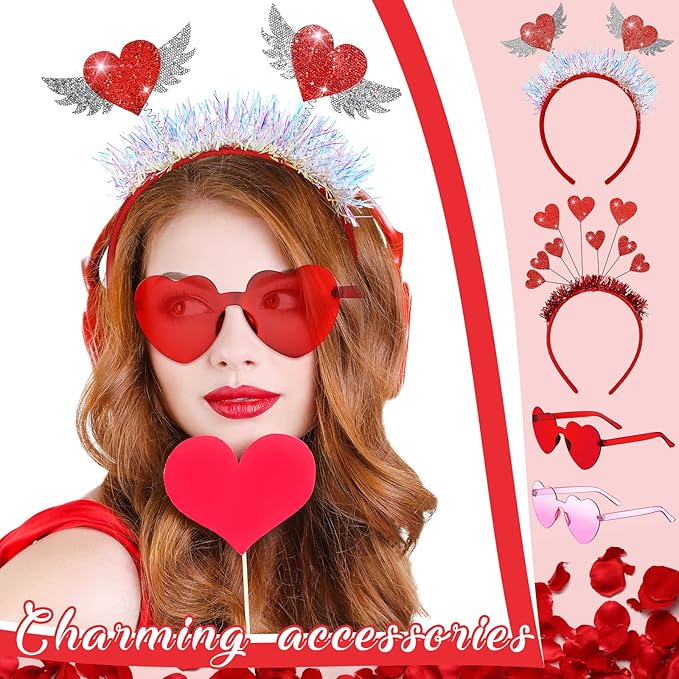 MTLEE 8 Pcs Valentines Day Heart Head Bopper Headband and Heart Sunglasses Bulk Valentines Photo Prop Galentines Party Favor