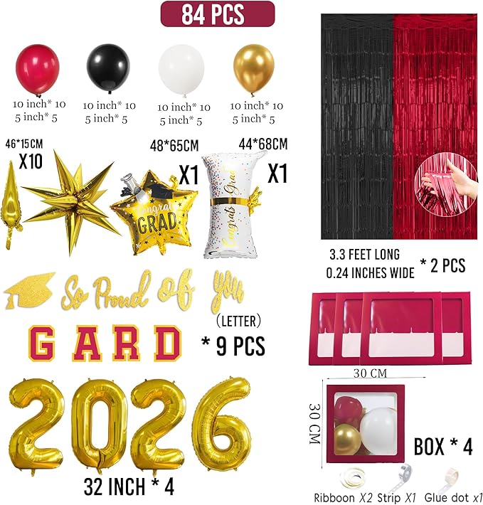 Graduation Decorations Class of 2026 - Maroon and Gold Graduation Decorations Set of 4 GRAD Balloon Boxes with Fringe Curtains So Proud of You Congrats Grad Party for Any Grades