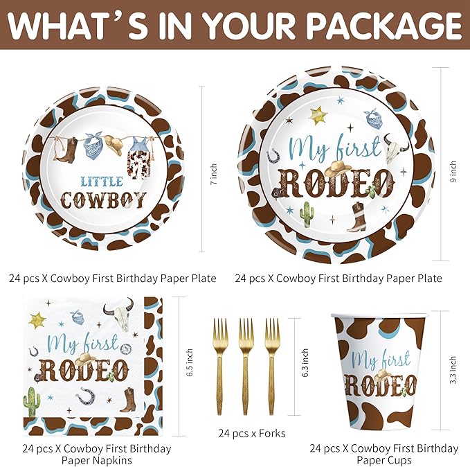 My First Rodeo Birthday Party Supplies Boy - Western Cowboy 1st Birthday Party Tableware, Paper Plate, Cup, Napkin, Disposable Cutlery, Wild West First Table Decorations | Serve 24
