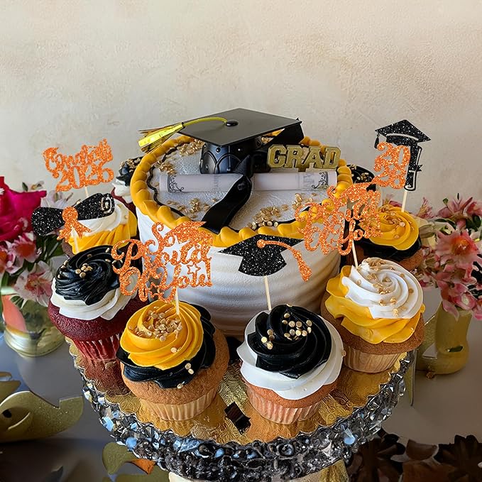 Gyufise 24Pcs 2026 Graduation Cupcake Toppers Orange Glitter Congrats Class of 2026 Done Diploma Grad Cap Cupcake Picks So Proud of you Cake Decoratiosn for 2026 Graduation Theme Party Supplies