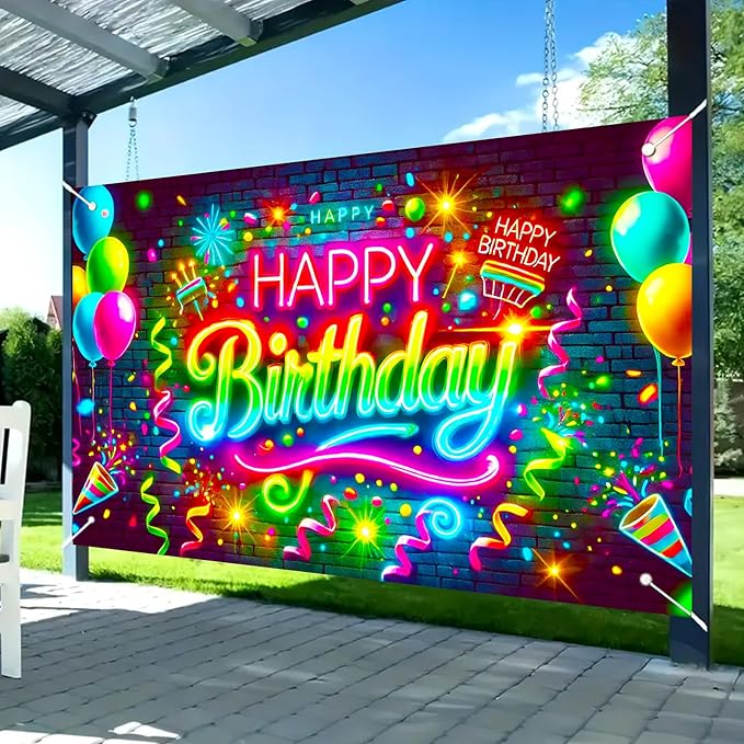 Nuxovilar Neon Birthday Banner - Brick Wall Fireworks Backdrop, 71x43 Inch Vibrant Yard Sign for Teens, Urban Party Decor