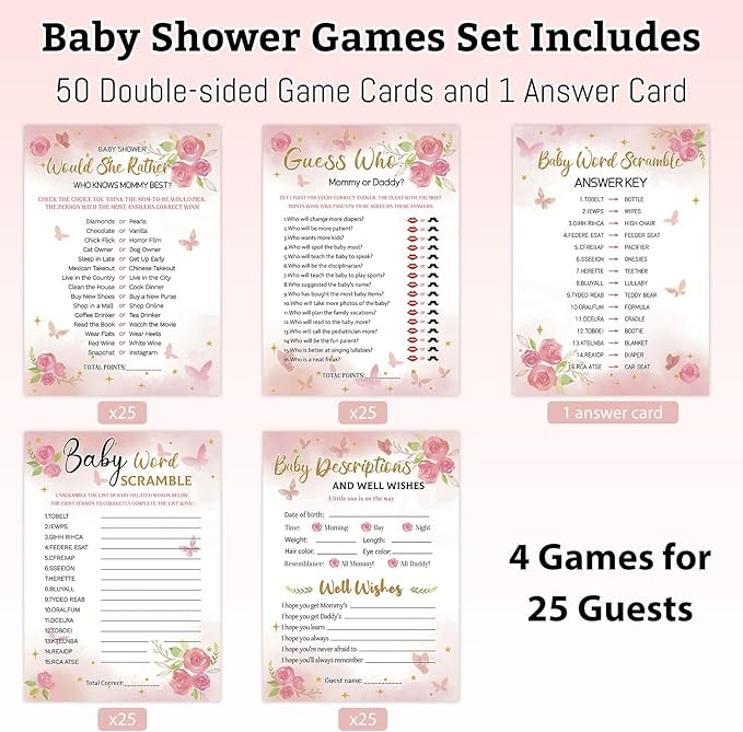 HOMANGA Baby Shower Games for Girl, 4 Fun Games for 25 Guests, Pink Floral Baby Shower Decorations, Who Knows Mommy Best, Guess Who Mommy or Daddy, Word Scramble, Babies Descriptions & Well Wishes