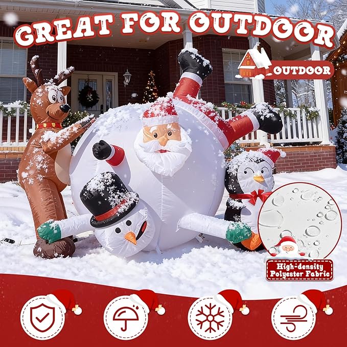 JOYHALO 6FT Christmas Inflatable Outdoor Decorations, Snowball Rolling Scene with Santa Claus, Penguin, Reindeer & Snowman, Build-in LED Lights, Blow Up for Indoor Yard Lawn Party Decor