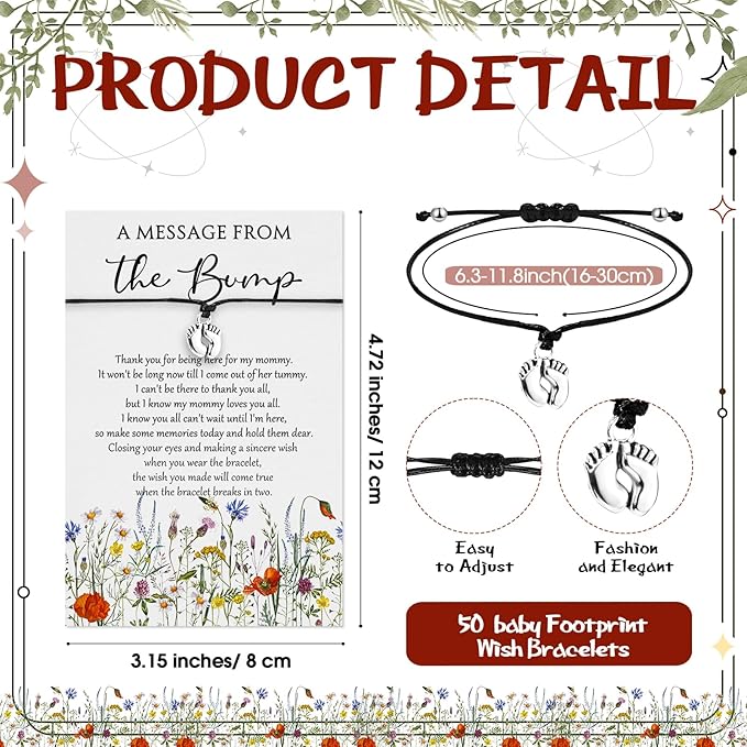 Thyle 50 Set Wildflower Baby Shower Favors for Guests Adjustable Bracelets with Message from the Bump Card Footprints Charm Baby Shower Bracelets for Gender Reveal Thank You Gifts