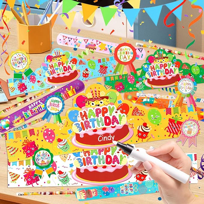 144 PCS Birthday Crowns for Kids Classroom Include 36 Colorful Birthday Paper Hats with Elastic Band 36 Badge Stickers 36 Slap Bracelets and 36 pencils for Classroom School Party Supplies