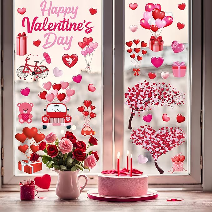 152PCS Valentine Window Clings, 11.8 × 7.8 Inches Heart-Shaped Window Decals, 9 SheetsRomantic Valentines Decorations, Double-Sided Heart Window Stickers for Anniversary, Party Holiday Decor