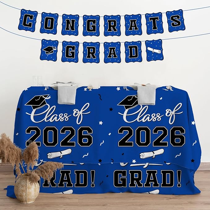 Gatherfun 2026 Graduation Decorations : 2-Pack Congrats Grad Disposable Tablecovers - Class of 2026 Blue Themed Table Cloths, for Graduation Party Supplies & Graduation Backdrop, 54" X 108"