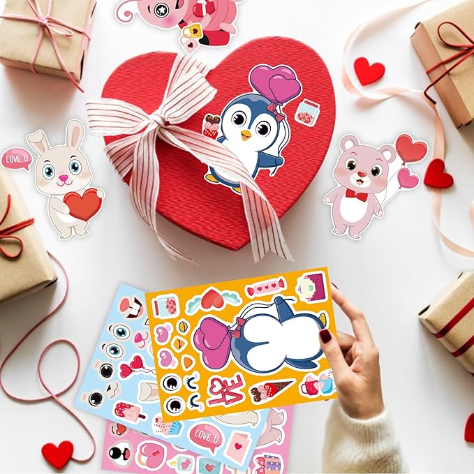 32 Sheets Valentine Stickers for Kids, Valentines Crafts Heart Love Sticker Make a Face Stickers, Make Your Own Animal Stickers Valentines Gifts for Kids Classroom Valentine Goodie Bags Party Favors