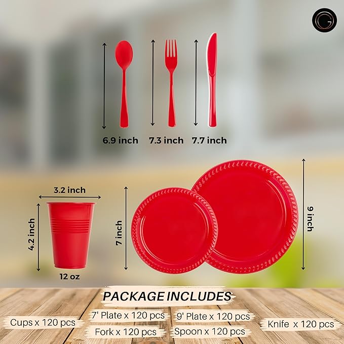 720 Piece Red Disposable Dinnerware Set (120 Guests) Plastic Dinnerware Set Disposable - 120 Count, 9" Dinner Plates, 7" Dessert Plates, 12oz Cups, Forks, Knives & Spoons- Plastic Party Plates Set