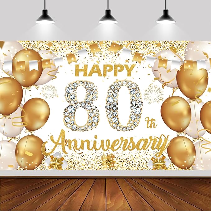 6x3.6ft Happy 80th Anniversary Backdrop,White and Gold Happy Wedding Anniversary Party Banner Decorations Supplies Photo Booth Props