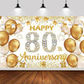 6x3.6ft Happy 80th Anniversary Backdrop,White and Gold Happy Wedding Anniversary Party Banner Decorations Supplies Photo Booth Props