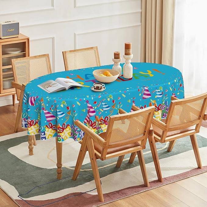 Horaldaily Birthday Tablecloth 60x84 Inch Oval, Happy Birthday Ballon Blue Washable Seasonal Table Cover for Party Picnic Dinner Decor