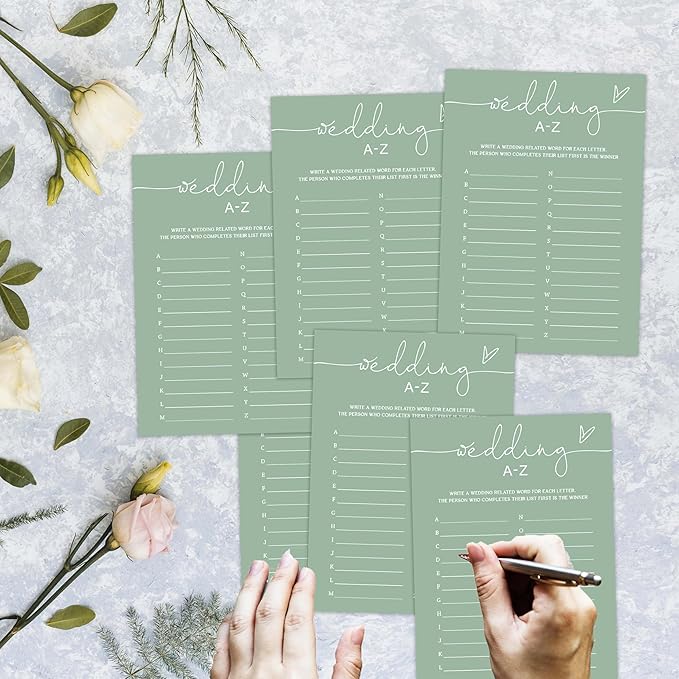 Wedding A-Z Alphabet Item Game, Sea Green Bridal Shower Games, 30 Elegant Game for Bachelorette Engagement Party Reception Supplies - A13