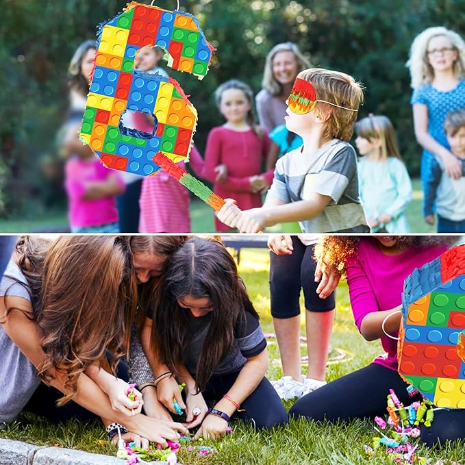 Number 6 Pinata Building Blocks 6th Birthday Party Decorations with Stick Blindfold for Kids Girls Boys Fiesta Carnival Games Happy Birthday Anniversary Celebration Party Supplies