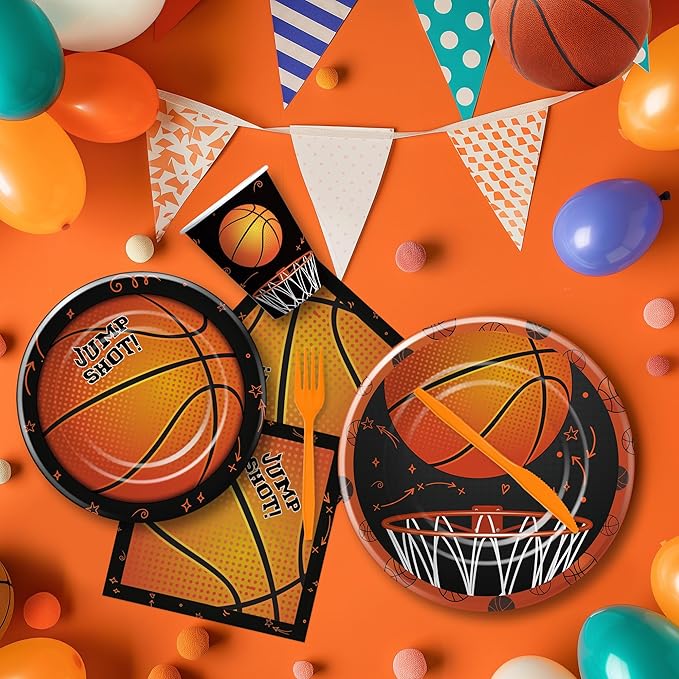 Basketball Party Decorations Tableware - Sports Theme Basketball Birthday Party Supplies, Paper Plate, Cup, Napkin, Tablecloth, Disposable Cutlery, Banner | Serves 24