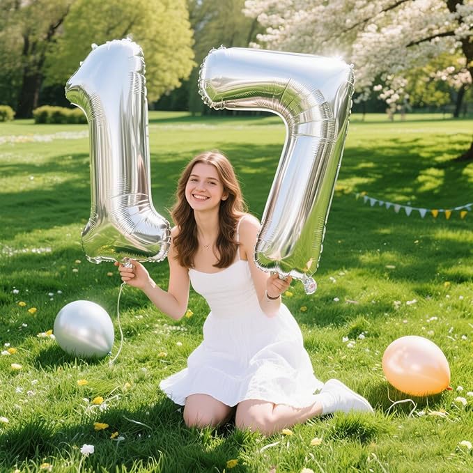 40 Inch Silver Number 17 Digital Balloon,Jumbo Mylar Foil Helium Balloon for 17 Balloons for Birthday Party,Wedding Anniversary Party Decorations