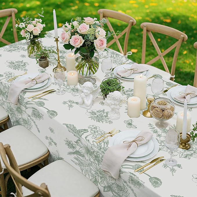 3 Pack Sage Green Floral Plastic Tablecloths, 54 X 108Inch Tea Party Tablecloth Disposable Table Cloths Green and White Porcelain Tables Decor for Mother's Day Birthday Garden Wedding Tea Party