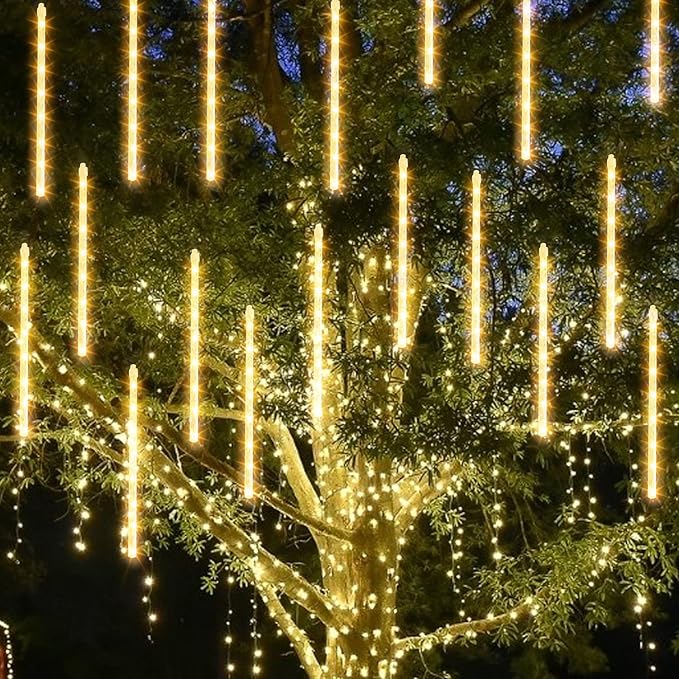 Christmas Meteor Shower Lights Outdoor, 288 LED 12" 8 Tubes Waterproof Christmas Lights Outdoor Plug in, Snow Falling Rain Icicle Xmas Light Decorations, Warm White