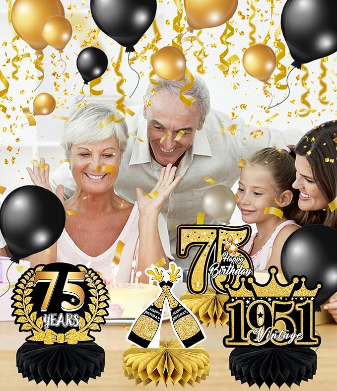 9 Pcs 75th Birthday Decoration 75 Birthday Party Decorations for Men Women 75 Years Birthday Tables Decorations Cheers to 1950 Centerpieces Honeycomb Black and Gold 75th Birthday Party Favors