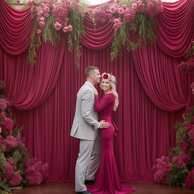 16x10FT Burgundy Backdrop Curtains for Wedding Parties, Wrinkle Free Polyester Photography Backdrop Drapes for Wedding Baby Shower Birthday Parties Stage Background Stand Decorations 4x10ft,4 Panels