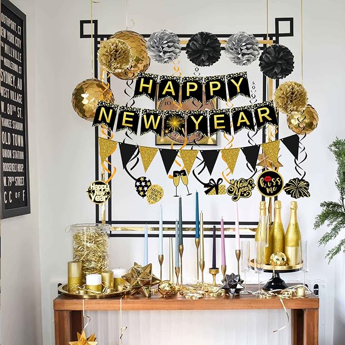 Famoby Happy New Year Banner Pom poms Triangle flag Swirls Garland Hanging Bunting for Happy New Year Party Decorations
