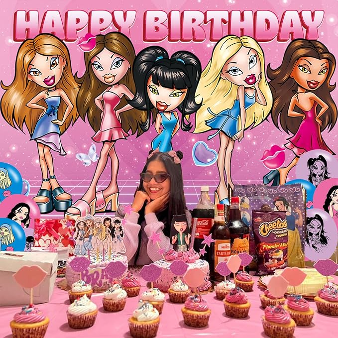 Girl Birthday Party Supplies Backdrop 5x3Cartoon Delicacy Girl Happy Birthday Background Photography Hot Pink Party Decorations Banner Photo Booth Props
