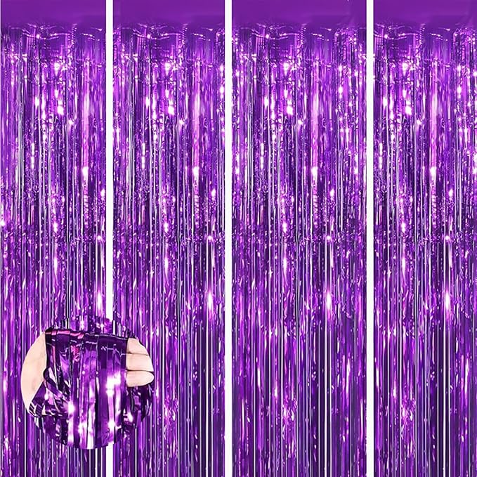 Valentines Day 4 Pack 3.3 * 8.3 ft Foil Curtain Metallic Tinsel Fringe Curtains Photo Booth Props Backdrop for Birthday Wedding Engagement Baby Shower Christmas Holiday Celebration Partyl,Purple