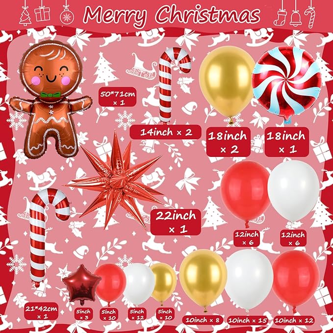 Red Christmas Balloon Garland Arch Kit, Christmas Red White Gold Balloons with Big Gingerbread Cane Windmill Star Mylar Foil Balloons, Metalic Gold Long Balloon for Happy Merry Decorations