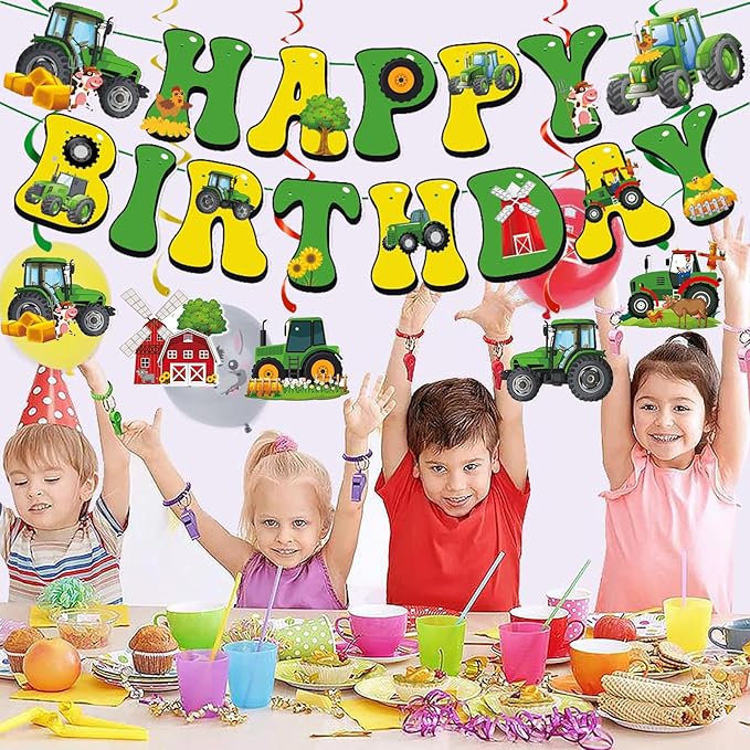 Zwiebeco Green Yellow Tractor Happy Birthday Banner Bunting Hanging Paper Swirls Garland Party Decorations for Farm Themed Baby Shower Kids Bday Decor Accessories Supplies