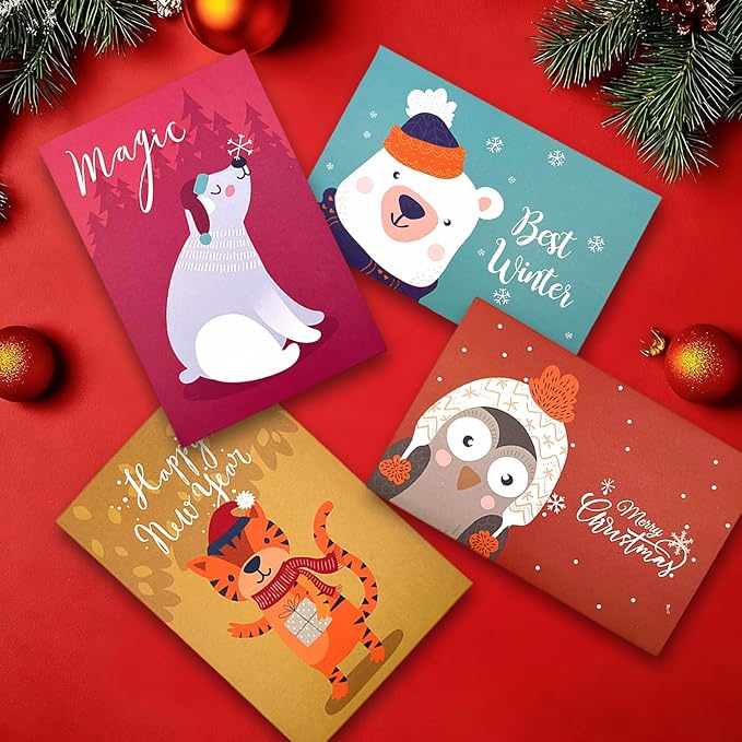 12 Pcs Christmas card with Envelopes & 24 Pcs Sticker,Cartoon animals categories holiday cuteness multiple loose cards with envelopes and written blessing messages,can be given to friends, family, children, boys and girls(dongwu)