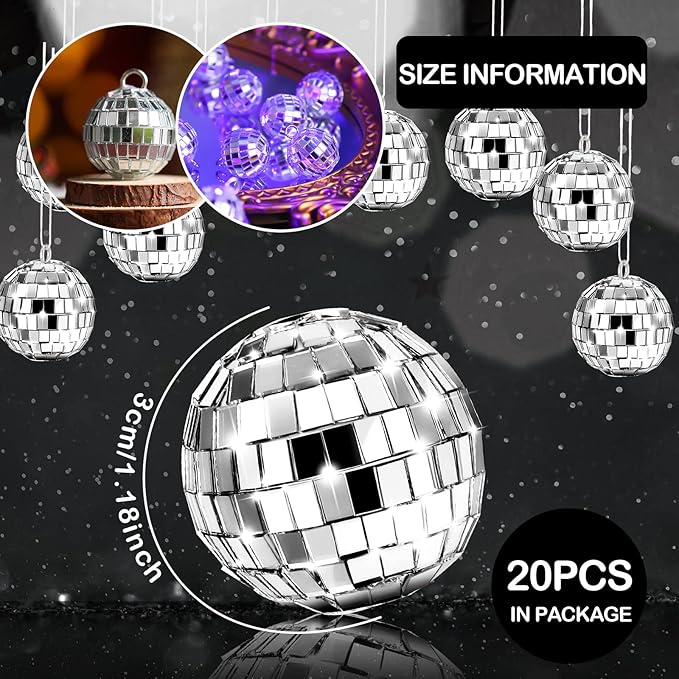 MTLEE 20 Pcs Disco Balls Decorations Assorted Size Party Decor Disco Ball Ornaments Mirror Mini Large Hanging with Rope for Wedding Festival Stage Prop(1.2 Inch)