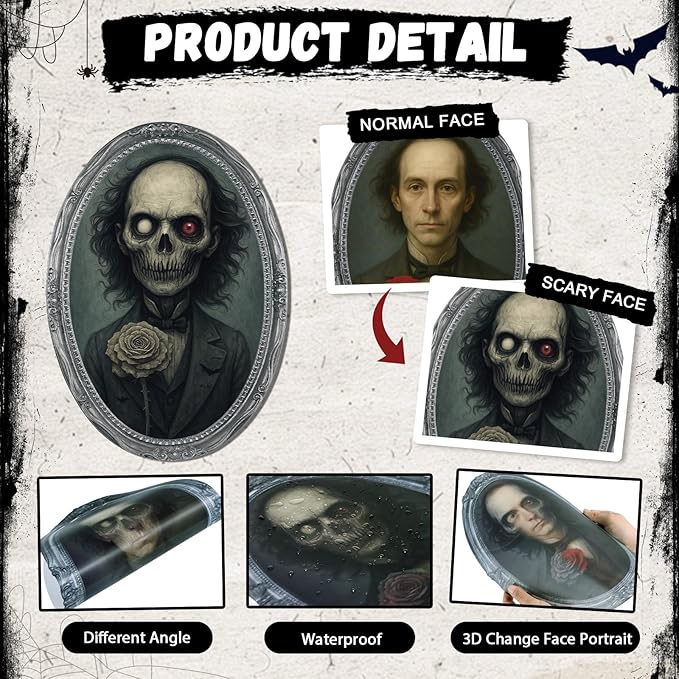 Scary Halloween Party Decoration Indoor Home Wall Decor 3D Changing Face Moving Picture Frame Portrait for Horror Halloween Party Supplies Castle Haunted House Decor(Style D, 12 Pack)