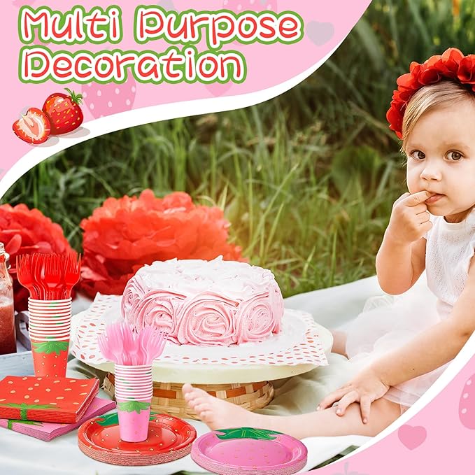 200 Pieces Strawberry Party Tableware Set Strawberry Plates Napkins Forks Cups Party Supplies Sweet Red Pink Baby Shower Birthday Decoration for Guests