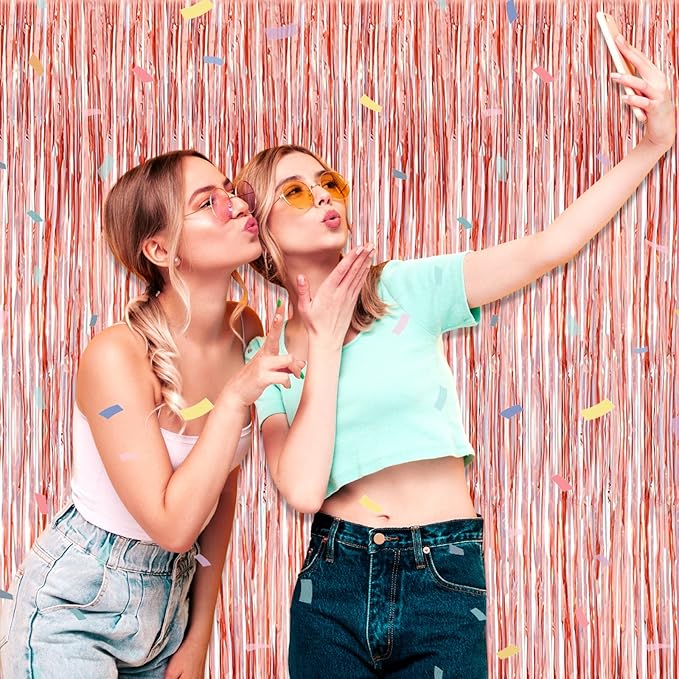 3 Pack Rose Gold Foil Fringe Curtain Backdrop, 3.28Ft x 6.6Ft Metallic Tinsel Foil Fringe Streamer Curtains for Photo Booth, Christmas Day, Thanksgiving, Wedding, New Year Party Decorations