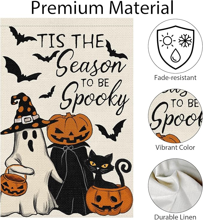 Halloween Garden Flag Tis the Season to be Spooky Ghost Pumpkins Black Cat Yard Flag 12x18 Inch Double Sided Holiday Yard Outdoor Decoration