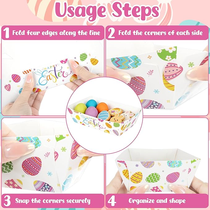 50 Pack Easter Food Trays, 2 Pattern Disposable Paper Tray, Happy Easter Paper Serving Trays Table Decor, Large Egg Tableware Multicolor Party Supplies for Spring Chips Nacho Hot Dogs Popcorn
