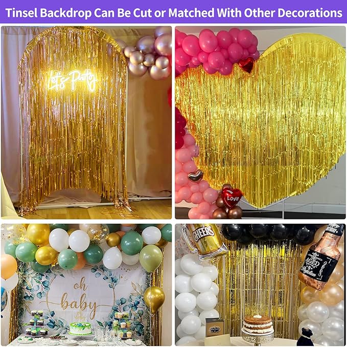 Gold Tinsel Backdrop Easter Decorations 3.3x8.2 ft, 2 Pack Foil Fringe Curtains for New Year, Photo Booth Props Door Streamers for St Patricks Day Birthday Thanksgiving Christmas Halloween Party