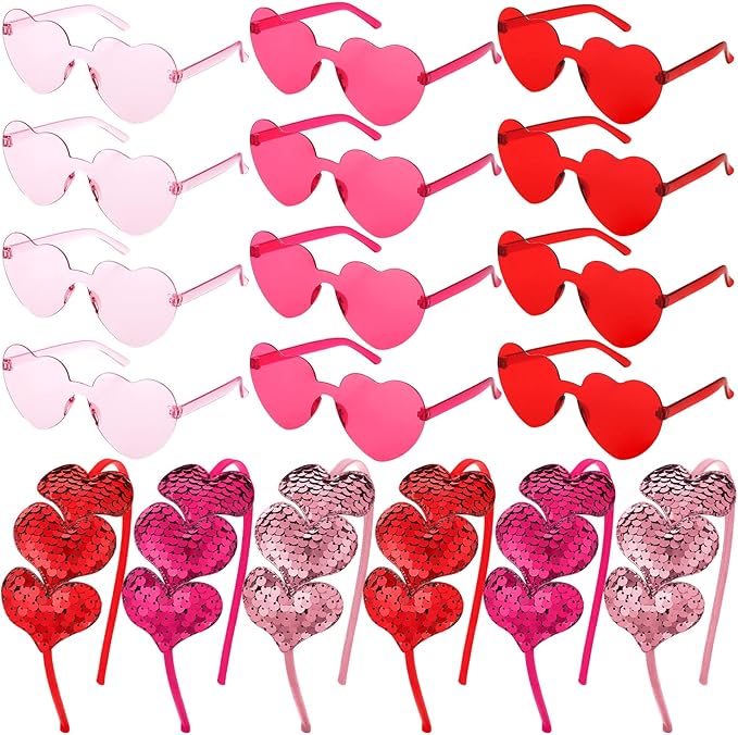 Flutesan 24 Pcs Valentines Day Heart Headbands and Sunglasses Set Red Love Photo Booth Props Women Valentine Party Decor