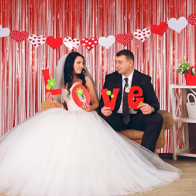 Red Tinsel Curtain Backdrop for Party Decorations - Sparkle Foil Tinsel Fringe Curtains Photo Backdrop Booth (3.2ft x 8ft, 2 Packs)